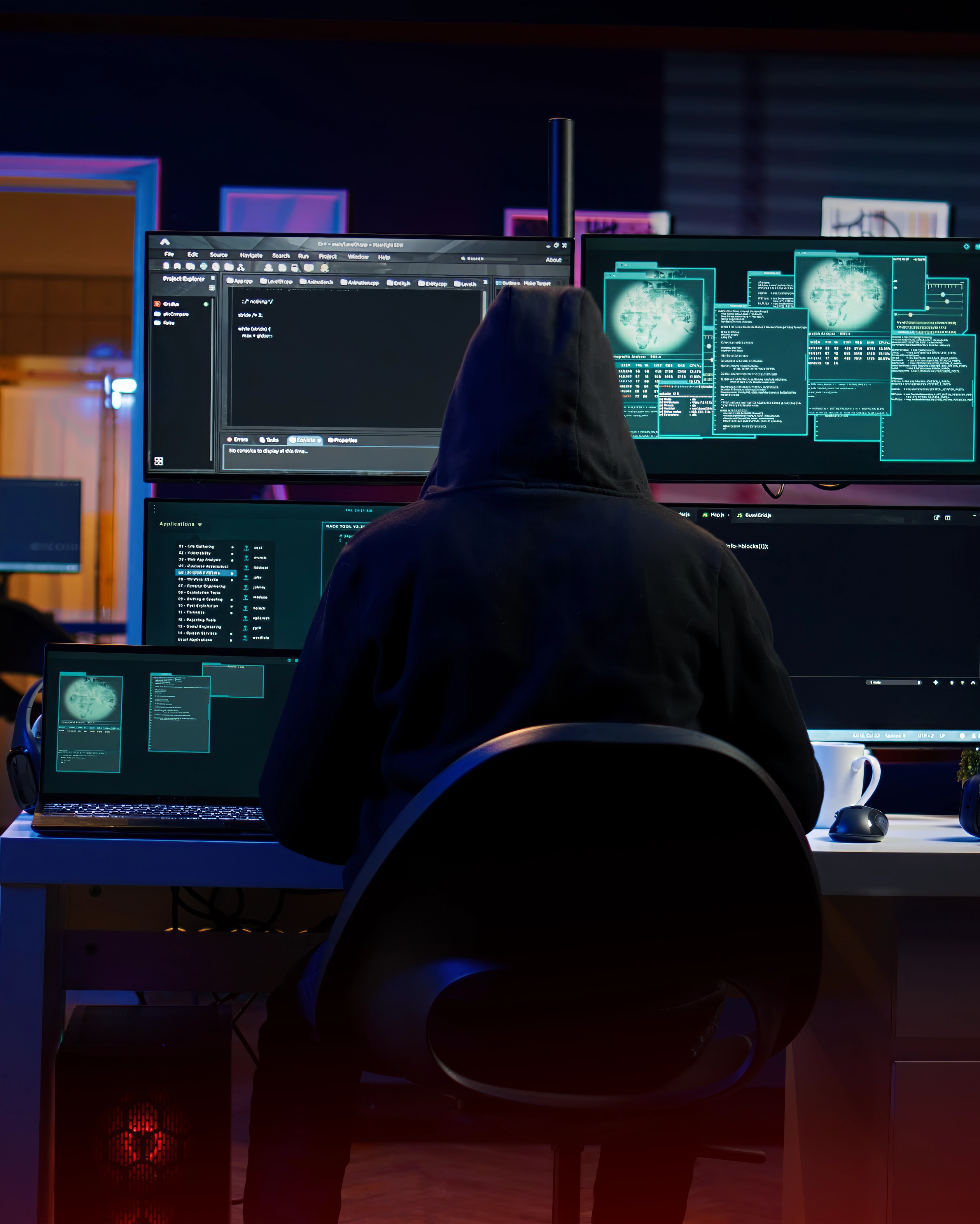 A hacker figure in a digital shield network